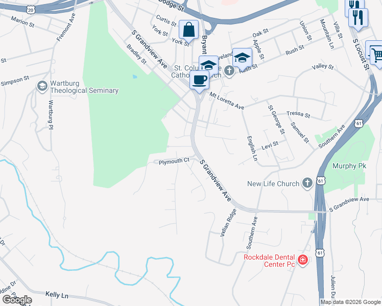 map of restaurants, bars, coffee shops, grocery stores, and more near 1743 Plymouth Court in Dubuque