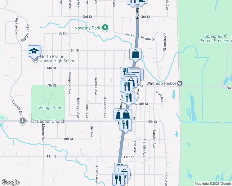 map of restaurants, bars, coffee shops, grocery stores, and more near 719 College Avenue in Winthrop Harbor
