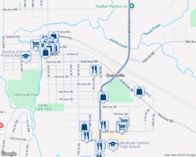 map of restaurants, bars, coffee shops, grocery stores, and more near 825 4th Ave SE in Dyersville