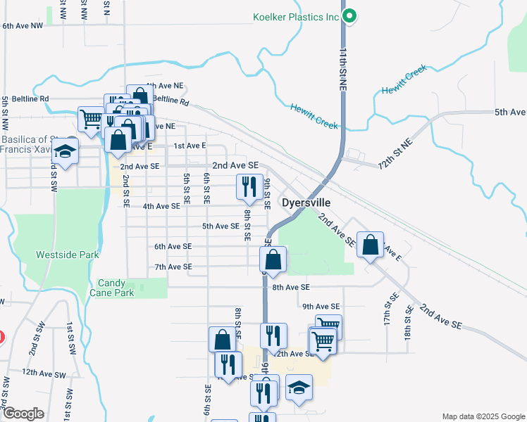 map of restaurants, bars, coffee shops, grocery stores, and more near 825 4th Ave SE in Dyersville