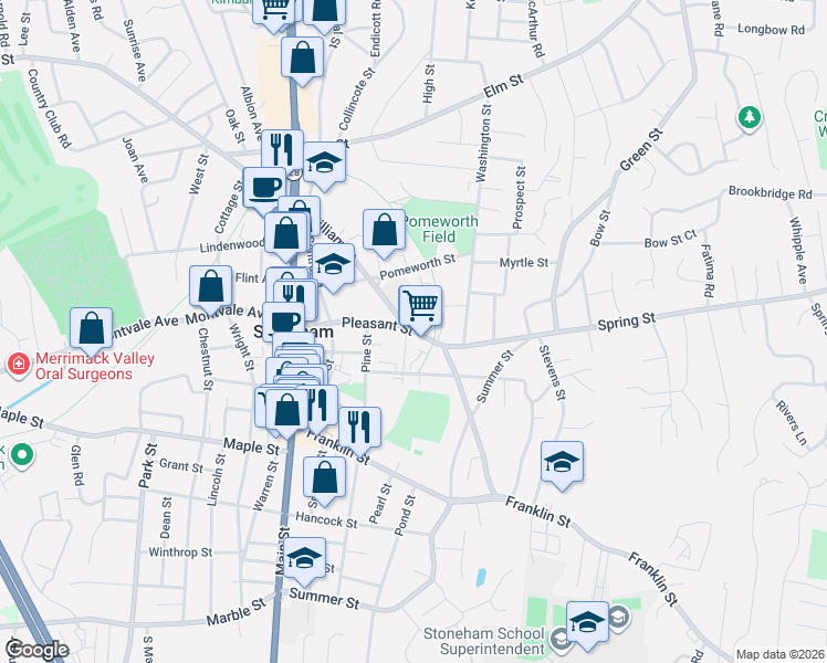 map of restaurants, bars, coffee shops, grocery stores, and more near 35 Pleasant Street in Stoneham