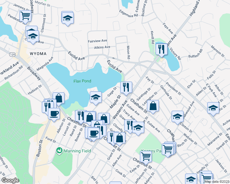 map of restaurants, bars, coffee shops, grocery stores, and more near 11 Wyers Court in Lynn