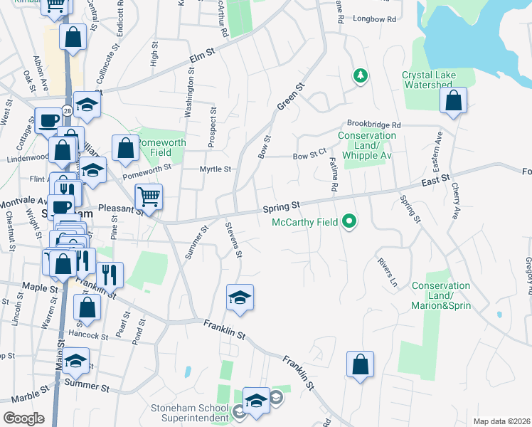 map of restaurants, bars, coffee shops, grocery stores, and more near 53 Spring Street in Stoneham
