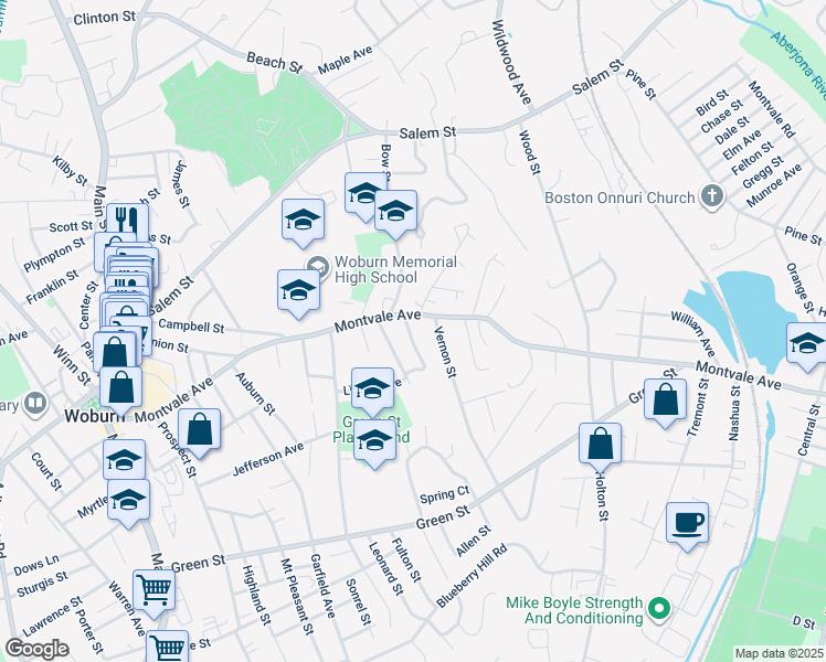 map of restaurants, bars, coffee shops, grocery stores, and more near 4 Boline Place in Woburn