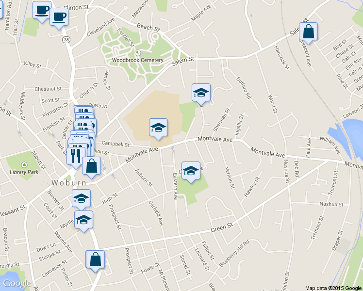 map of restaurants, bars, coffee shops, grocery stores, and more near 11 Ferguson Place in Woburn