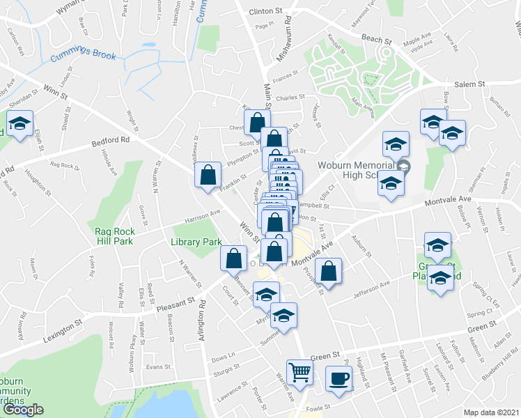 map of restaurants, bars, coffee shops, grocery stores, and more near 23 Park Street in Woburn