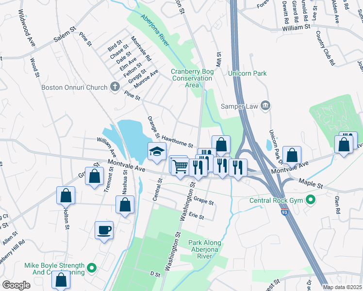 map of restaurants, bars, coffee shops, grocery stores, and more near 14 Hawthorne Street in Woburn