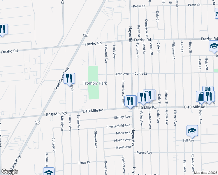 map of restaurants, bars, coffee shops, grocery stores, and more near 25185 Firwood Avenue in Warren