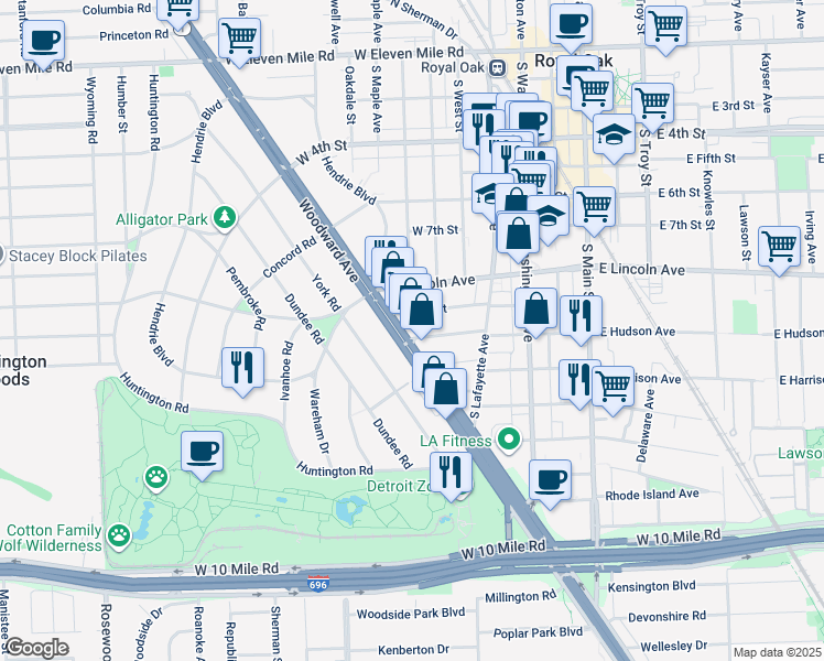 map of restaurants, bars, coffee shops, grocery stores, and more near 25818 Woodward Avenue in Royal Oak