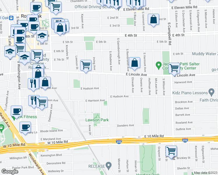 map of restaurants, bars, coffee shops, grocery stores, and more near 925 Mohawk Avenue in Royal Oak