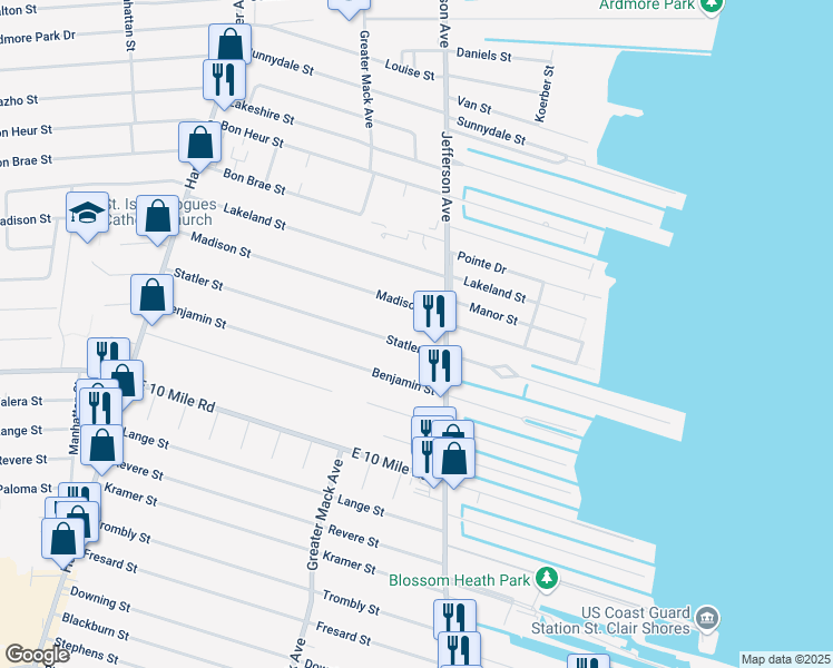 map of restaurants, bars, coffee shops, grocery stores, and more near 22325 Statler Street in St. Clair Shores