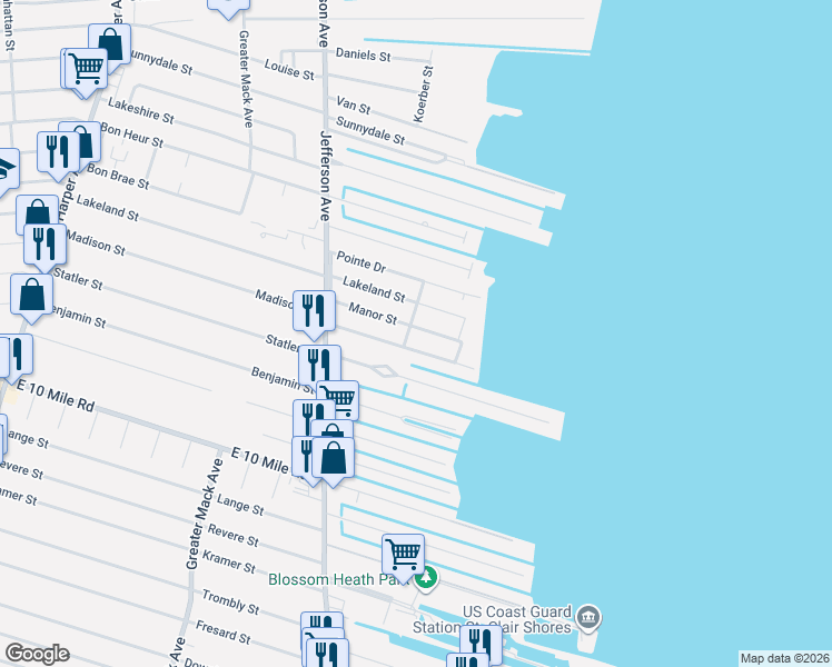 map of restaurants, bars, coffee shops, grocery stores, and more near 22611 Madison Street in St. Clair Shores