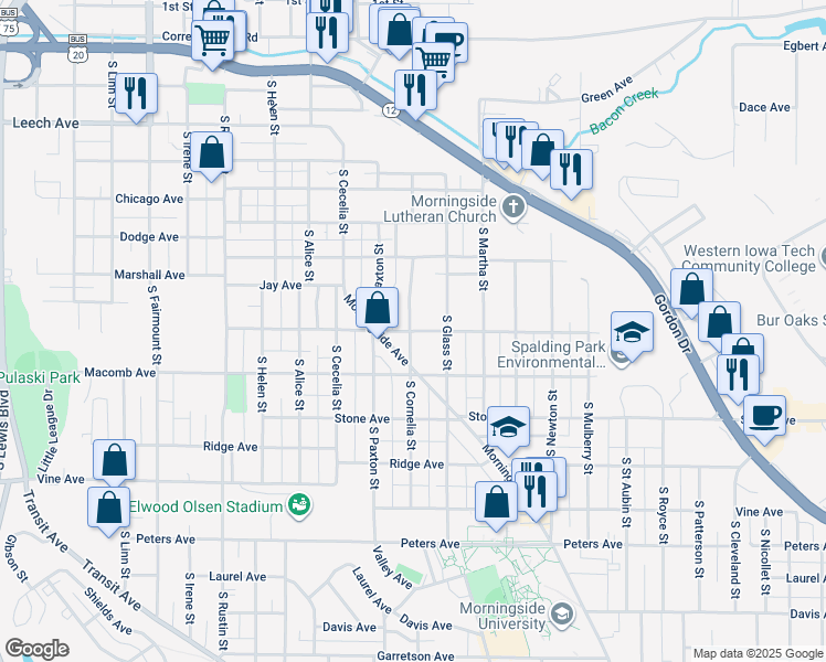 map of restaurants, bars, coffee shops, grocery stores, and more near 3409 Indiana Avenue in Sioux City
