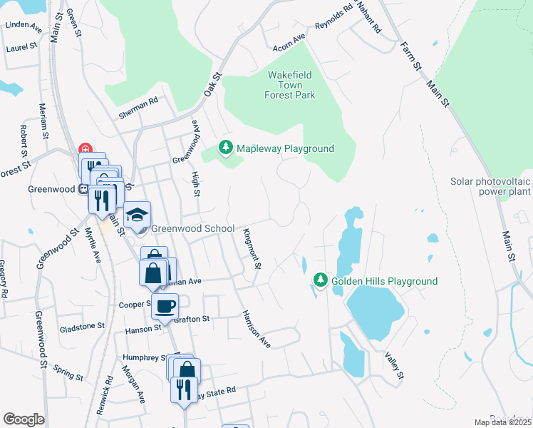 map of restaurants, bars, coffee shops, grocery stores, and more near 66 Kendrick Road in Wakefield