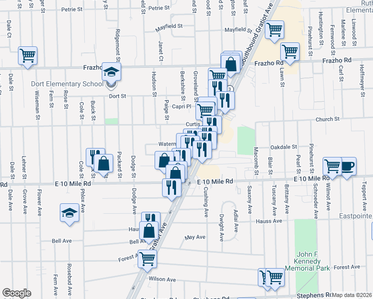 map of restaurants, bars, coffee shops, grocery stores, and more near 25313 Gratiot Avenue in Roseville