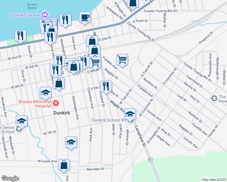 map of restaurants, bars, coffee shops, grocery stores, and more near 80 King Street in Dunkirk