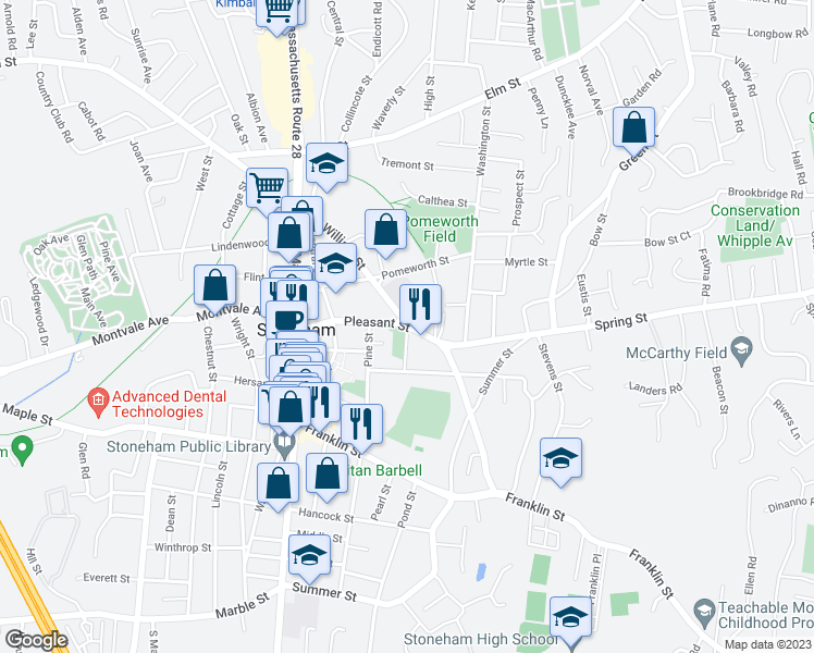 map of restaurants, bars, coffee shops, grocery stores, and more near William St & Pleasant St in Stoneham