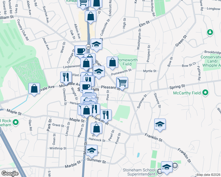 map of restaurants, bars, coffee shops, grocery stores, and more near 2 Pine Street in Stoneham