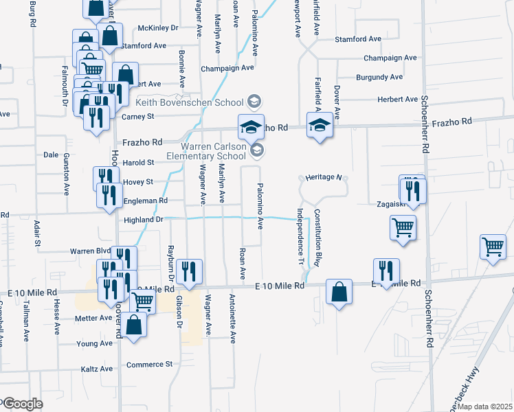 map of restaurants, bars, coffee shops, grocery stores, and more near 25377 Palomino Avenue in Warren