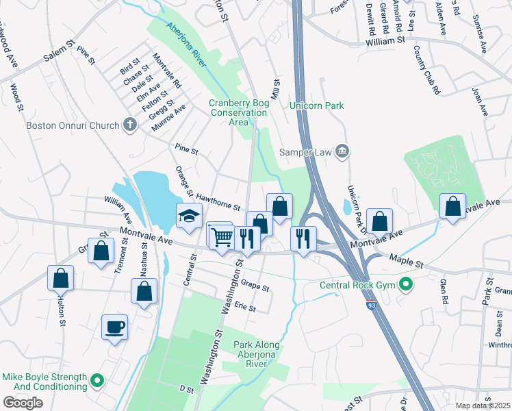 map of restaurants, bars, coffee shops, grocery stores, and more near 111 Washington Street in Woburn