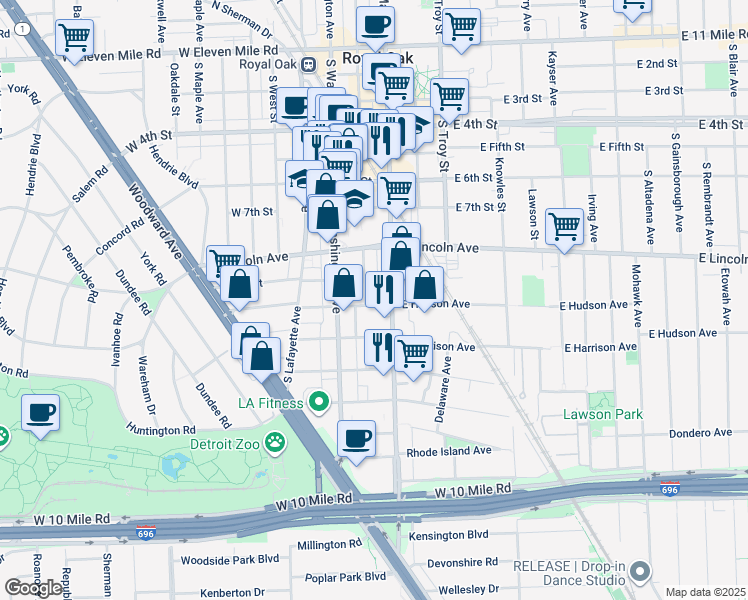 map of restaurants, bars, coffee shops, grocery stores, and more near 133 North Georgetown Square in Royal Oak