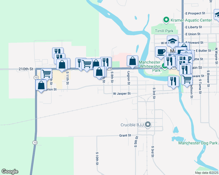 map of restaurants, bars, coffee shops, grocery stores, and more near 901 West Jasper Street in Manchester