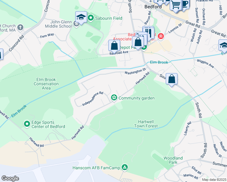 map of restaurants, bars, coffee shops, grocery stores, and more near 3 Patriot Circle in Bedford