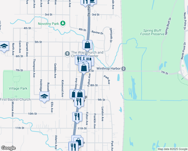 map of restaurants, bars, coffee shops, grocery stores, and more near 714 Franklin Avenue in Winthrop Harbor