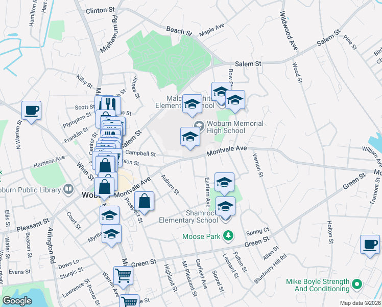 map of restaurants, bars, coffee shops, grocery stores, and more near 80 Campbell Street in Woburn