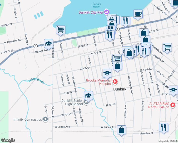 map of restaurants, bars, coffee shops, grocery stores, and more near 422 Plover St in Dunkirk