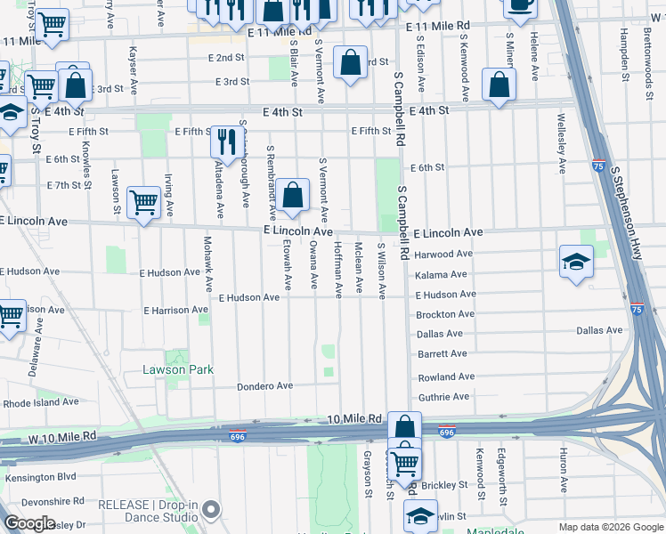 map of restaurants, bars, coffee shops, grocery stores, and more near 1007 Hoffman Avenue in Royal Oak