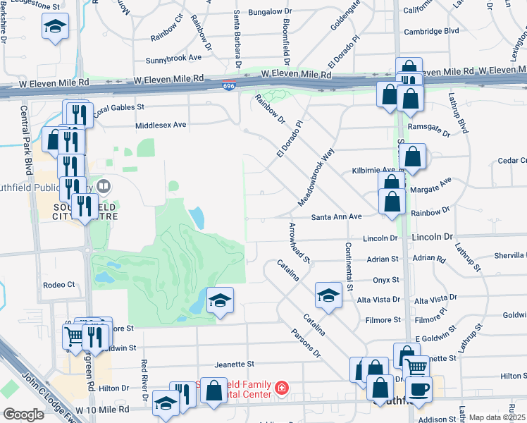 map of restaurants, bars, coffee shops, grocery stores, and more near 26226 Meadowbrook Way in Lathrup Village