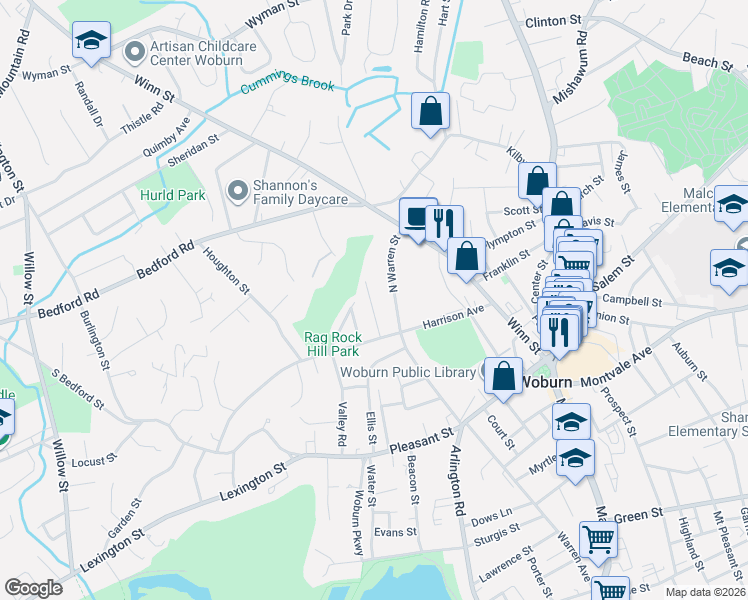 map of restaurants, bars, coffee shops, grocery stores, and more near 17 Grove Street in Woburn