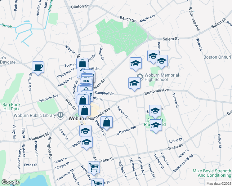 map of restaurants, bars, coffee shops, grocery stores, and more near 59 Campbell Street in Woburn