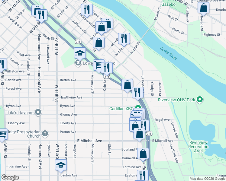 map of restaurants, bars, coffee shops, grocery stores, and more near 1826 Forest Avenue in Waterloo