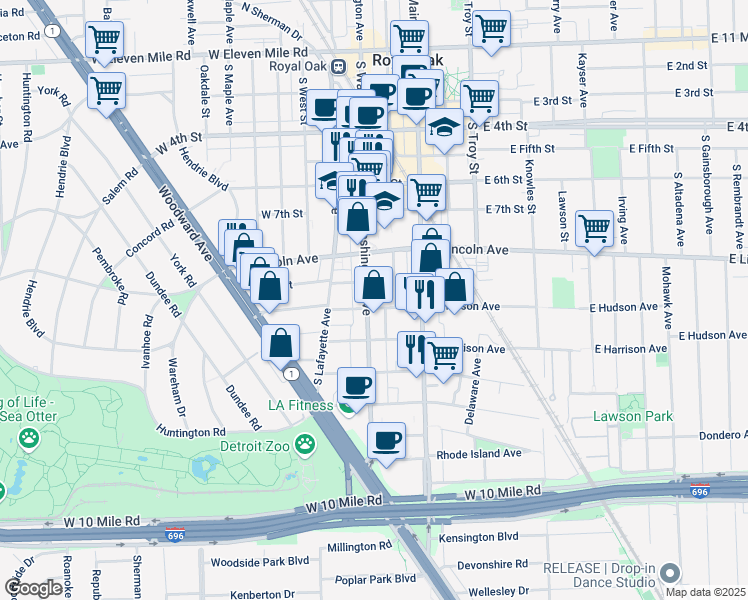 map of restaurants, bars, coffee shops, grocery stores, and more near in Royal Oak