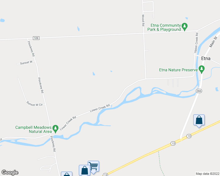 map of restaurants, bars, coffee shops, grocery stores, and more near 190 Lower Creek Road in Ithaca
