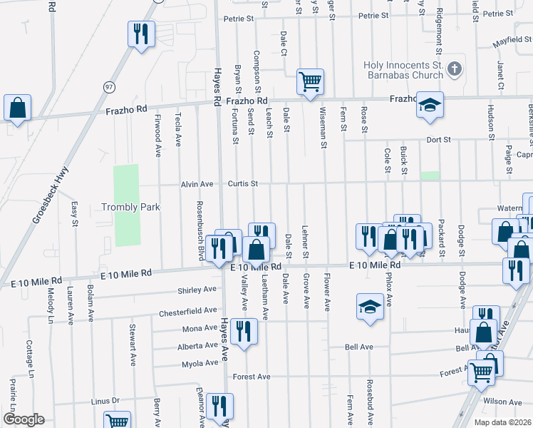 map of restaurants, bars, coffee shops, grocery stores, and more near 25192 Send Street in Roseville