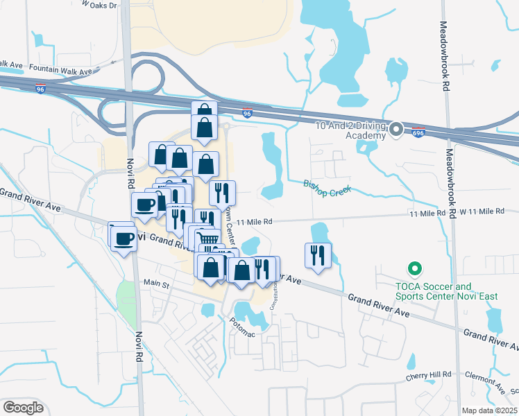 map of restaurants, bars, coffee shops, grocery stores, and more near 42700 West 11 Mile Road in Novi