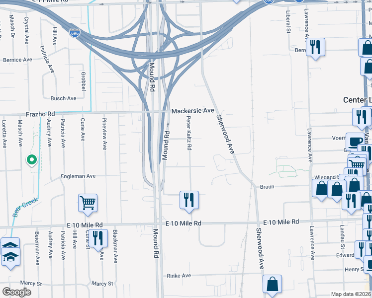 map of restaurants, bars, coffee shops, grocery stores, and more near 25571 Peter Kaltz Road in Warren