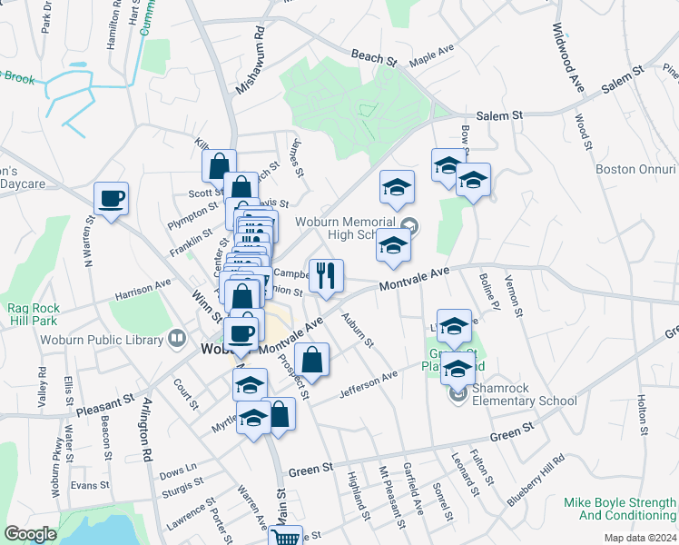 map of restaurants, bars, coffee shops, grocery stores, and more near 59 Campbell Street in Woburn