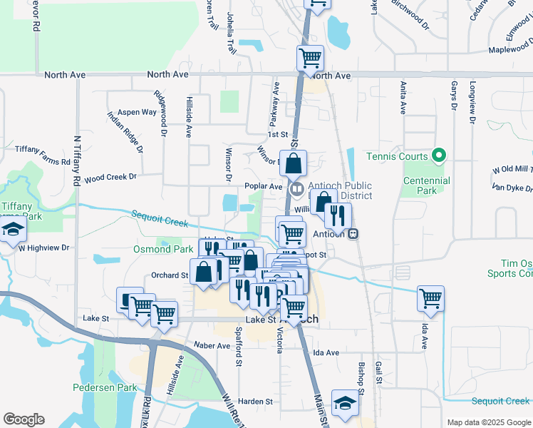 map of restaurants, bars, coffee shops, grocery stores, and more near 800 Cunningham Drive in Antioch