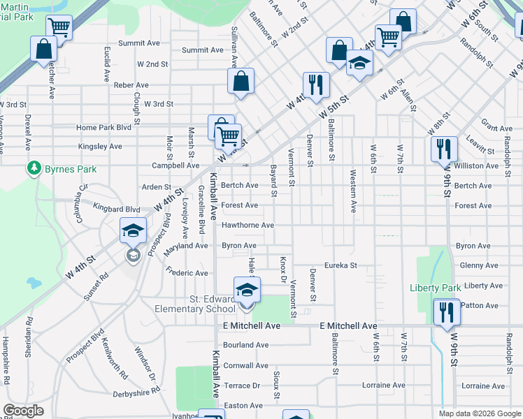 map of restaurants, bars, coffee shops, grocery stores, and more near 203 Hawthorne Ave in Waterloo