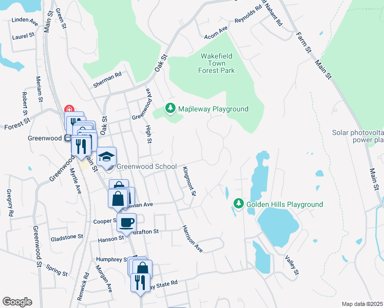 map of restaurants, bars, coffee shops, grocery stores, and more near 66 Kendrick Road in Wakefield