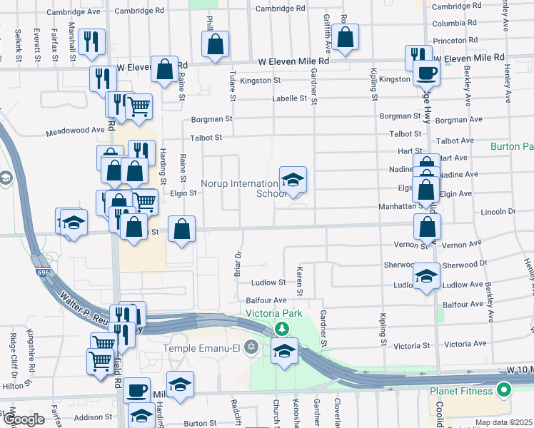 map of restaurants, bars, coffee shops, grocery stores, and more near 14700 Lincoln Street in Oak Park