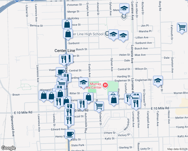 map of restaurants, bars, coffee shops, grocery stores, and more near 8384 Harding in Center Line