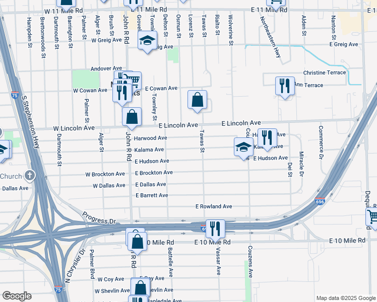 map of restaurants, bars, coffee shops, grocery stores, and more near 600 Kalama Avenue in Madison Heights