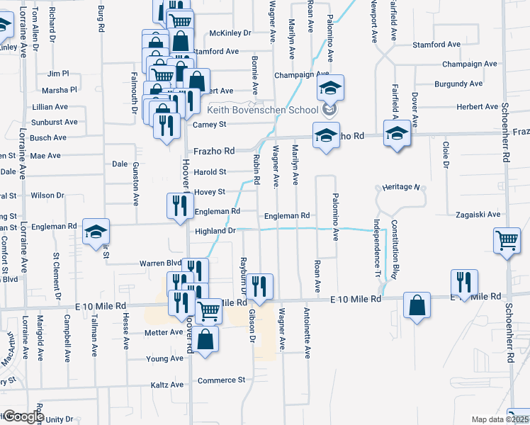 map of restaurants, bars, coffee shops, grocery stores, and more near 25339 Wagner Avenue in Warren