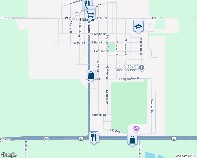 map of restaurants, bars, coffee shops, grocery stores, and more near 201 Elm Street in Holstein
