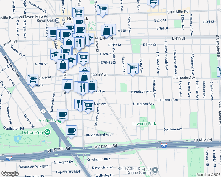map of restaurants, bars, coffee shops, grocery stores, and more near 313 East Hudson Avenue in Royal Oak